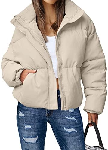 MEROKEETY Women's Long Sleeve Full Zip Puffer Coats Stand Collar Pockets Warm Padded Down Jackets, LightKhaki, L