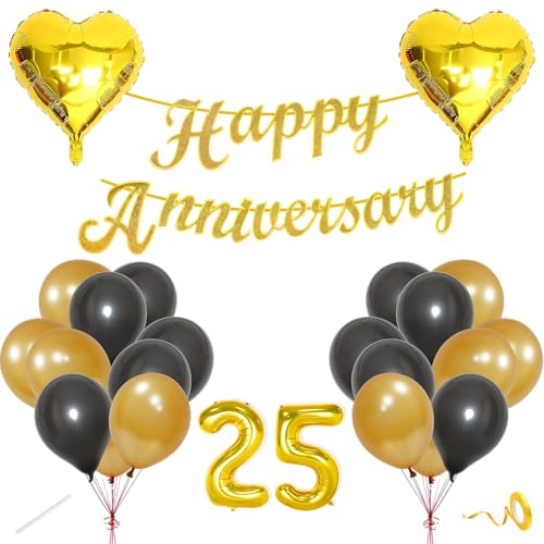 Image of Flyloons 25th Happy Anniversary Decoration Items Gold Black for Women Husband Wife Mom Dad Couple Bedroom Car With 20 Pcs Metallic Balloons Anniversary Banner 2 Pcs Heart Set Kit Golden Silver Jubilee
