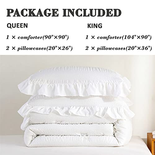 Aleissel Off-White Comforter King Size Seersucker Design With Ruffled Edges, Ultra-Soft White Bedding Set King Size 3 Piece Set, Down Alternative Light-Weight Comforter Set(Off-White,104"X90") #TOP4
