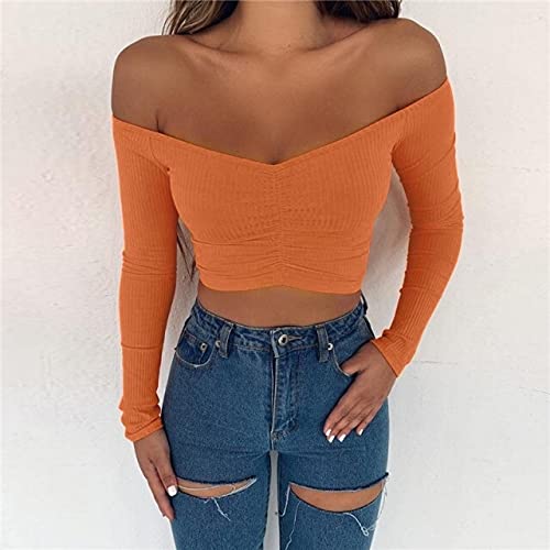 KNYOIPKNYOIP Tops for women casual fall Women's T-shirt Club Fashion Women's T-shirt Long Sleeve Strapless Solid Color Ladies T-shirt Autumn Basic T-shirt (Color : Orange, Size : L)