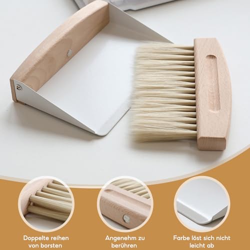 Megcdtr Tischbesen und Kehrschaufel Set, Mini Kehrblech und Handfeger, Magnetische Tischbürste aus Holz, Krümelbürste für Reinigen von Tischen Staub und Schmutz(Weiß 15 x 10.5 x 4 cm)