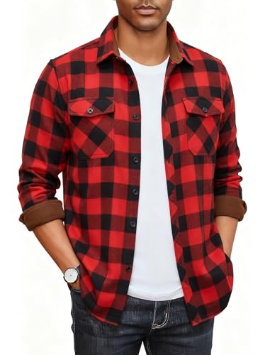 Long Sleeve Button up Men's Red Buffalo Plaid Flannel Shirts Black Red L