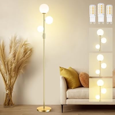 Sucolite 69" 3-Globe Mid Century Floor Lamp for Living Room, Modern Dimmable Tall Standing Lamp with Frosted Glass Shades, Contemporary Gold Pole Lamp for Bedroom Office, 3 LED Bulbs Included