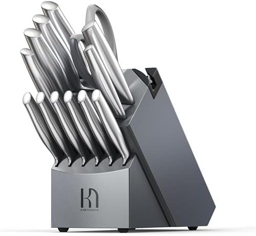 Knife Set, 14 Pcs Premium Japanese High Carbon Stainless Steel Kitchen Knife Set, Razor Sharp Knife Block Set with Built-in Sharpener, Quality Acacia Wood Block Knife Sets Ergonomic Handle, Hand Wash