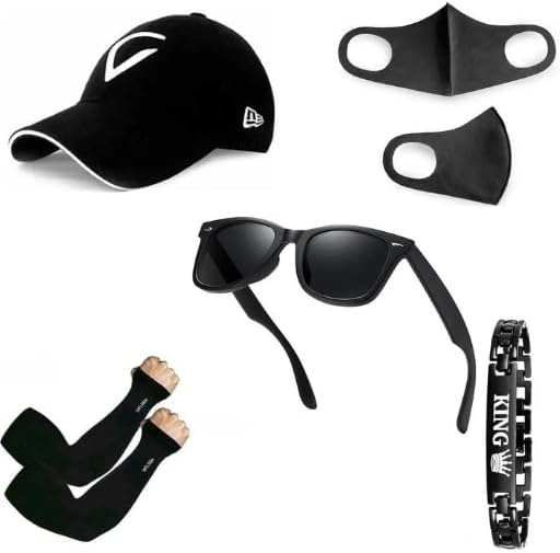Baseball Cotton Blend Casual Caps|Black Sunglasses|Black Mask|King Bracelet |Arm Sleeves Full Hand Golves Sun Protection for Men's and Women's Combo Pack of 5 (IN, Alpha, Free Size, Combo 13)