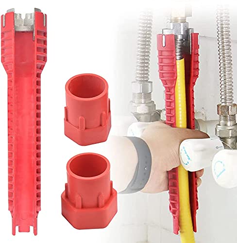 7-in-1 - Llave de fontanería multipropósito para grifo y fregadero instalador, reparación e instalación de herramientas, color rojo