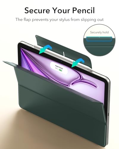 Image of ESR Case for iPad Air 13 Inch M4 /M3 /M2, iPad Pro 12.9 Case, Green | Powerful Magnetic Attachment, Slim Trifold Stand Case, Supports Pencil Pro /USB-C, Rebound Series