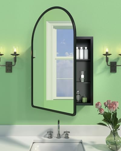 Image of 19.7 inchx31.5 inch Black Medicine Cabinet with Mirror and Organizer, Arched