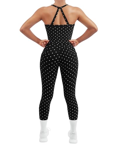 SUUKSESS Women 2 Piece Workout Sets Compression Leggings with Pockets Halter Built in Bra Tank Tops Sports Bra Tummy Control Scrunch Booty Lting Yoga Pants (Black Polka Dots M)