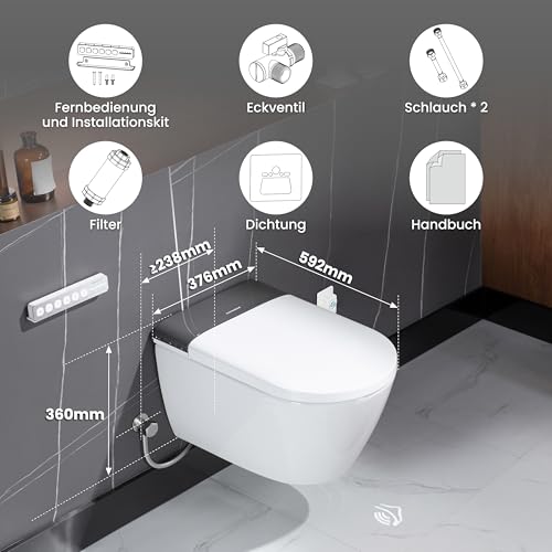 Casta Diva Dusch WC Komplettanlage mit UV-Sterilisation, Hänge WC mit Bidet Funktion, Sitzheizung, Entkalkungs und Geruchsfunktion, Automatischer Deckelöffnung und WC Fernbedienung (CD-AU002)