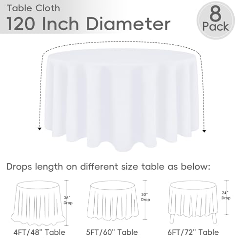 8 Pack Round Tablecloth 120 Inch Cloth White Tablecloth for Round Tables, Washable Polyester Table Cloth Stain and Wrinkle Resistant Decorative Table Cover for Wedding Party Dining Banquet by RestfulGlow - Used condition - Image 3