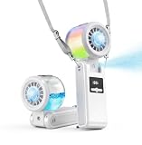 Ventilador Nebulizador de Mano Portatil con Placa de Enfriamiento y Luces Ambientales, Mini Ventilador Turbo de Cuello Agua Pulverizada Recargable, Potente 20000RPM, 199 Velocidades para Viaje Playa