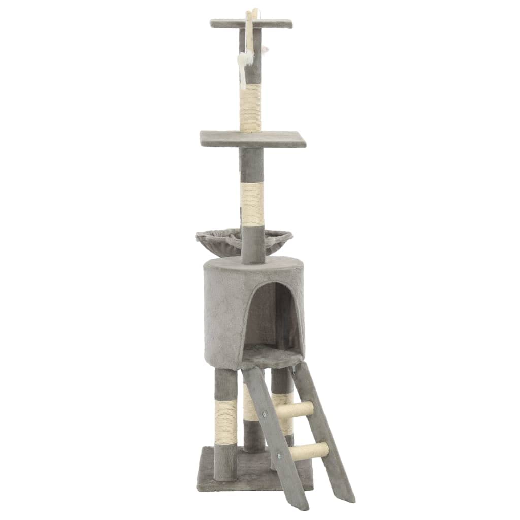 Árbol rascador para gatos con columnas de sisal, 138 cm, color gris, muebles de escalada con cueva, plataformas, zonas de descanso y 3 juguetes de ratón para apartamento