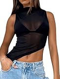 Matunana Womens Sheer Mesh Tank Tops Going Out Mock Neck Sleeveless Asymmetrical See Through Lace Shirt Summer 2026 Black S