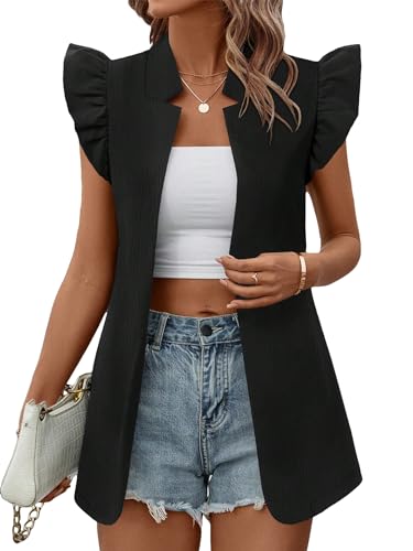 Floerns Women's Open Front Solid Collared Notch Neck Flounce Cap Sleeve Vest Coat
