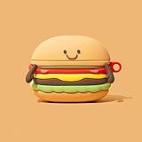 Soft Silicone Case with Keychain for Apple AirPods 1 2 3 Pro Burger Hamburger Food 3D Cartoon Cool Fun Cute Lovely Adorable Kids Girls Boys (Happy Face, Compatible with AirPods 3rd)