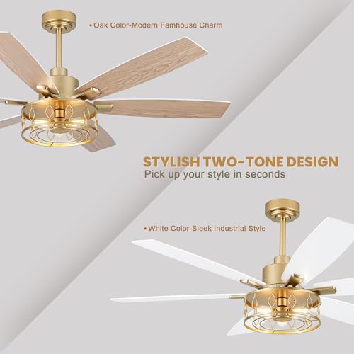 Image of Dawn Whisper 60 Inch Ceiling Fans with Lights White and Gold Farmhouse Ceiling Fan for Bedroom Living Room Quiet and Reversible DC Motor Caged Chandelier Fan