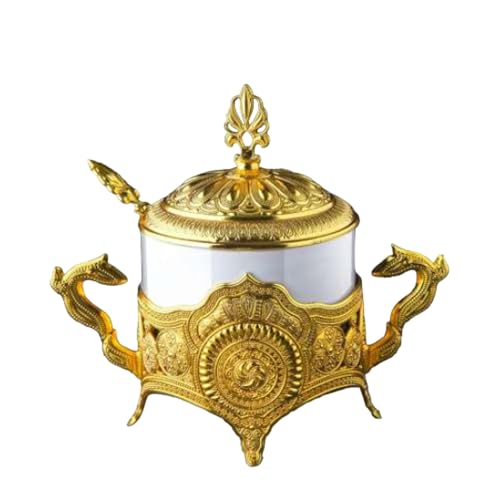 LaModaHome Glass Sugar Bowl with Spoon and Lid for Home, Kitchen and Wedding Party, Delight and Chocolate Serving, Porcelain Stylish Design for Cube and Powder Sugar - White Gold (White Gold)