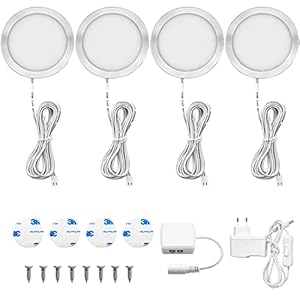 URing 4er Lampe de Placard LED, Éclairage LED Cuisine Sous Meuble, Blanc Chaud, Spots LED Vitrine pour Penderie Cuisine Armoire Camping Car Entrée Couloir Toilette, 250LM par Spot, Accessoires inclus