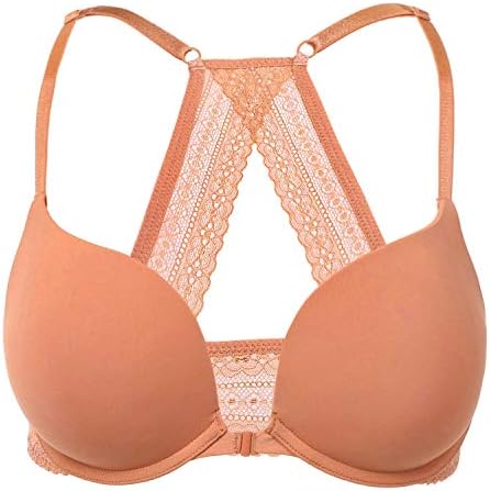 DOBREVA Dames Voorsluiting Push Up BH met Beugel Zacht T Shirt Diepe Hals Bh's Halter Gevoerd Schaduwblauw 75D