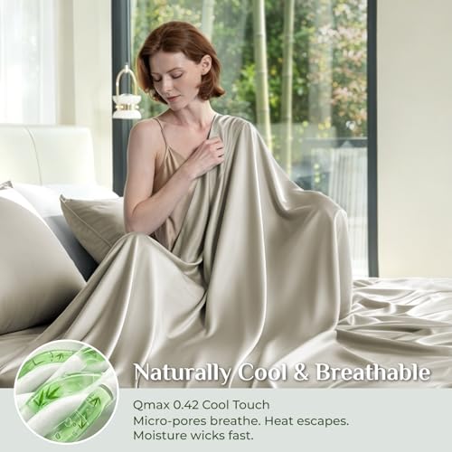 Image of BEDELITE Bamboo Viscose Sheet Set, Full Size, 4 Pieces, Beige | 100% Organically Grown, 18 Inch Deep Pocket, All Round Elastic & Corner Straps, Luxury Silky Cooling Sheets for Hot Sleepers