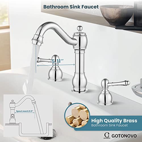Gotonovo 8 Inch Widespread Bathroom Faucets For Sink 3 Hole 2 Handle Polish Chrome Deck Mount Installation With Pop Up Drain Assembly And Water Supply Lines #TOP2