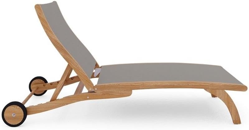 Pemberly Row Modern Teak Outdoor Reclining Chaise Lounger, Taupe Sling Seat, Adjustable 5-Position Backrest, Wheels for Mobility, Hand-Sanded Teak, Durable Patio Deck or Poolside Furniture