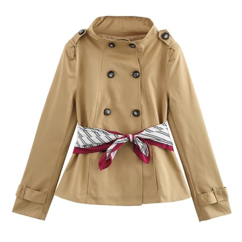 KEOMUD Women's Spring Fall Double Breasted Cropped Trench Coat,Casual Elegant Short Trench Coat Jacket with Scarf