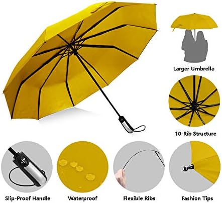 USA Folding Umbrella 10 Ribs Compact Travel Umbrella with Teflon Coating, Automatic Umbrellas Anti UV Coating Folding Umbrellas(Yellow) - Image 3