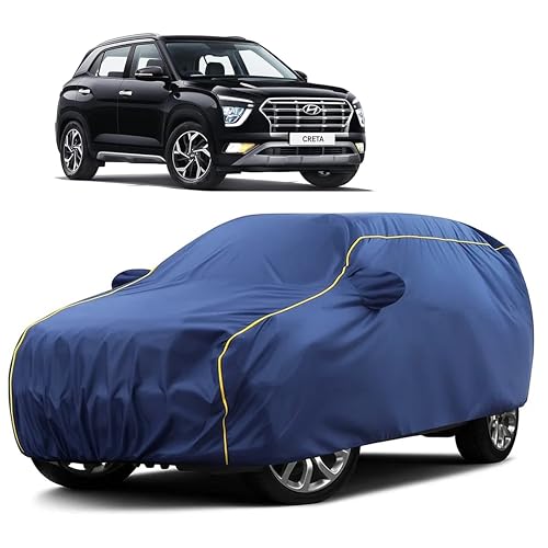 Image of Sulfar 100% Water Resistant Car Body Cover Compatible with Mirror for Hyundai Creta (Triple Stitched, Full Bottom Elastic, Blue Taffeta with Yellow Piping)