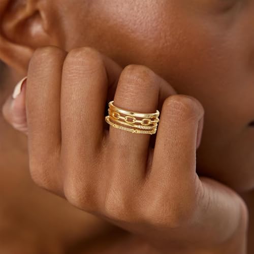 Fezodo Gold Stackable Rings for Women - Dainty 14K Realy Gold Plated Stackable Rings Thumb Ring Trendy Statement Promise Wedding Bands Engagement Ring for Women Size 6 - Thumbnail 3