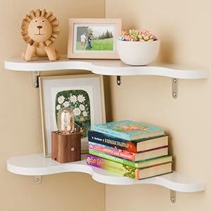 Cute Cloud Corner Shelves – Set of 2 White Wooden Floating Corner Shelves Wall Mounted, 90-Degree Space-Saving Nursery Shelves with Brackets, Kids Room Decor for Bedroom,Living Room,Bathroom