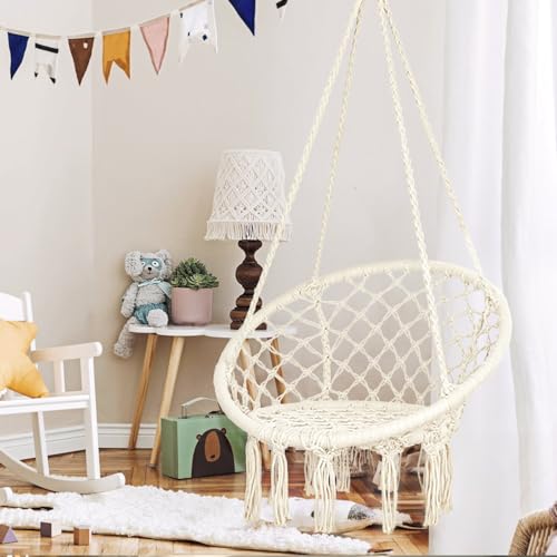 Mertonzo Hammock Swing Chair For 2-9 Years Old Kids,Handmade Knitted Macrame Hanging Swing Chair For Indoor,Bedroom,Yard,Garden- 230 Pound Capacity Off-White- 25.59 Inch L X 18.11 Inch W X 34.25 Inch H thumb #8