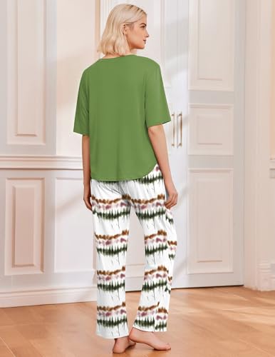 Image of Ekouaer 2 Pack Womens Pajamas Sets Short Sleeve Long Pants Pjs Lounge Set