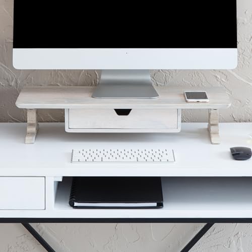 Image of Anji Mountain Monitor Stand - Desktop Organizer & Laptop Riser, Ergonomic Monitor Riser, Space-Saving Monitor Stand for Desk, Durable Construction, Easy Assembly, Ideal for Home & Office,White Wash