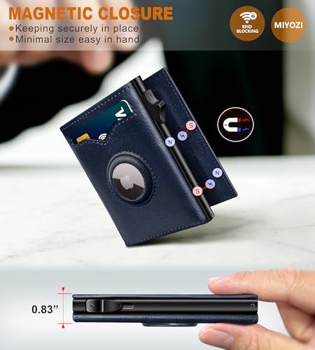 Image of miyozi Airtag Wallet for Men,with Cash Pocket 2 ID Window 9-12 Cards,Metal Case Smart Slim Pop Up Credit Card Holder Flip with Magnetic Closure RFID Blocking Trifold wallet with Gift Box