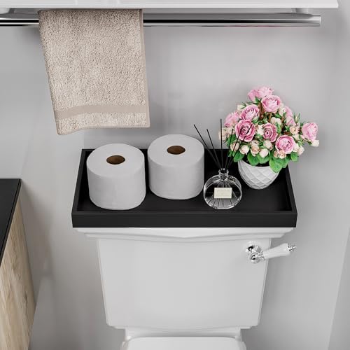 Image of ZHWS Black Bathroom Vanity Tray for Countertop Perfume Makeup Jewelry Candle Decor, Kitchen Tray for Soap Dispenser Spice Salt, Large Black Tray for Toilet Tank Paper, Serving Nightstand 13 inchx6.5 inch