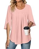 Netsmile Womens Summer Chiffon Tops 3/4 Sleeve Shirt Loose Pleated Blouse for Leggings, L, Pink