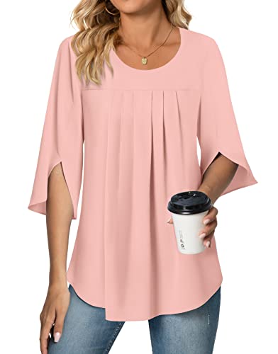 Netsmile Womens Summer Chiffon Tops 3/4 Sleeve Shirt Loose Pleated Blouse For Leggings, L, Pink #TOP9