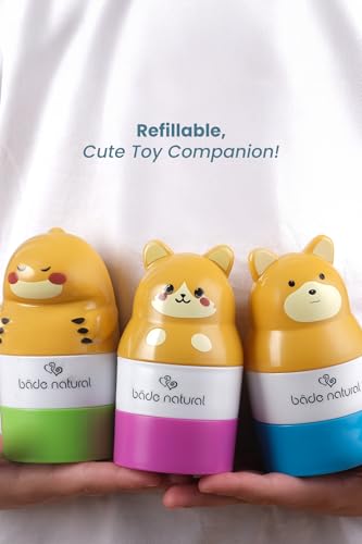 Image of Bade Natural Refillable Cat-Shaped Sunscreen Applicator for Kids - 3.7 fl oz (110 ml) Roll-On Bottle - Empty, Reusable Dispenser for SPF Lotion - Soft Applicator Tip, Travel-Friendly