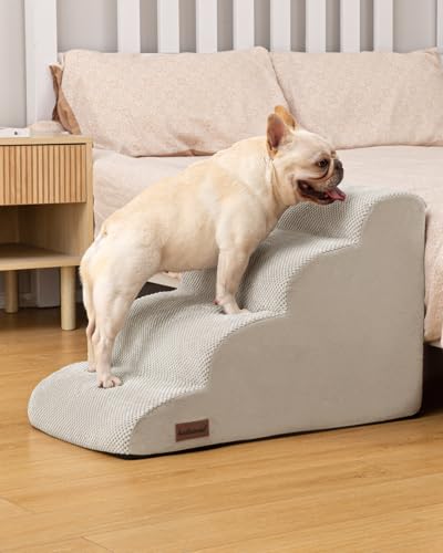 Image of Aodisman Dog Steps for Bed or Couch,4 Step Pet Stairs for Small Dogs & Cat | Curved dog ramp help small dogs,senior cats and puppies get on and off couches and beds,non-slip bottom,17.4 inch H,Light Grey