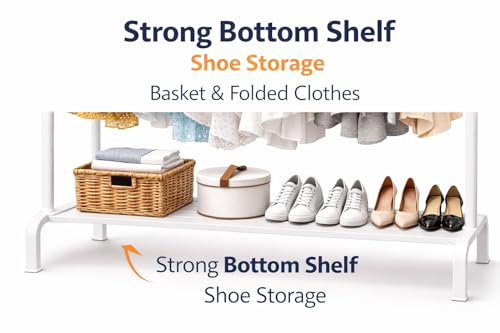 Image of Raawan Heavy Duty Double Rod Clothes Rack with Side Storage Shelves | Metal Garment Stand Organizer | Space Saving Cloth Hanger Stand for Bedroom, Living Room & PG (2 LAYER WHITE)