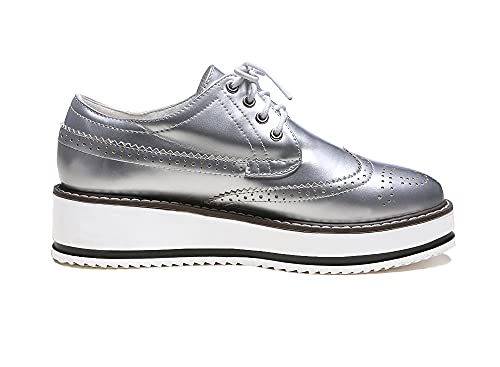 Women's Platform Lace Up Patent Leather Wingtips Round Toe Casual Oxford Shoes Brogues(Us8.5,Silver) #TOP4