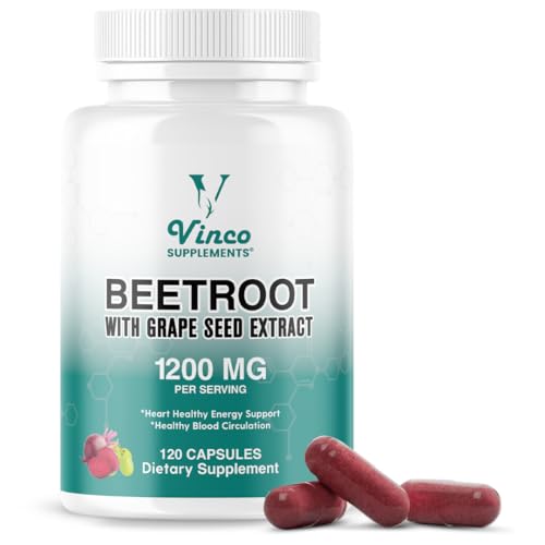Vinco Beetroot Capsules with Grape Seed Extract 1200mg, 120 Capsules - Helps Support Nitric Oxide Production, Heart Healthy Energy - Highly Concentrated and Bioavailable Beets Supplements