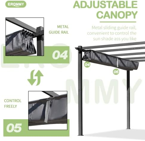 EROMMY 3 X 3 M Aluminum Pergola with Retractable Roof , Outdoor Pergola Gazebo with Sun Shade Canopy and Metal Frame for BBQ, Patio, Garden (3x3)