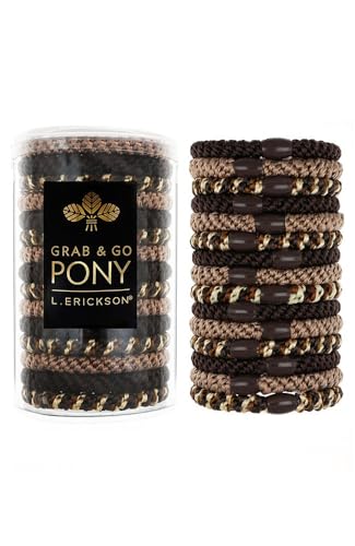 L. Erickson Hair Ties for Thick Hair, Grab & Go Pony Tube 15 Pack, Toffee