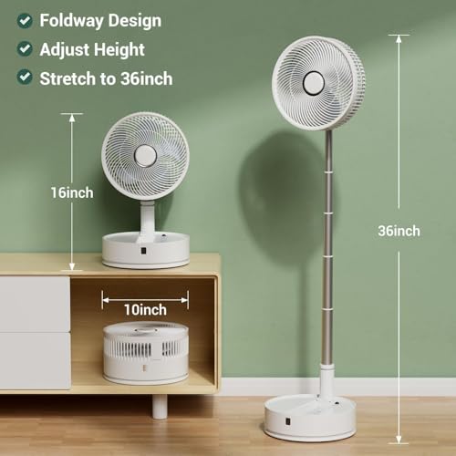 Quntis 10" Foldable Floor Fan with Remote, Rechargeable Portable Standing Fan with Carry Bag, Timer & 4-Speed Air Quiet Oscillating Fan, 3 Adjustable Height Pedestal Fan for Home Bedroom Office Travel by Quntis - Image 2
