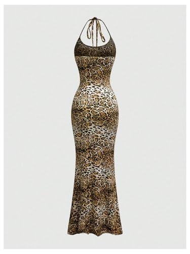Image of Floerns Women's Leopard Print Sleeveless Halter Dress Club Bodycon Maxi Dresses