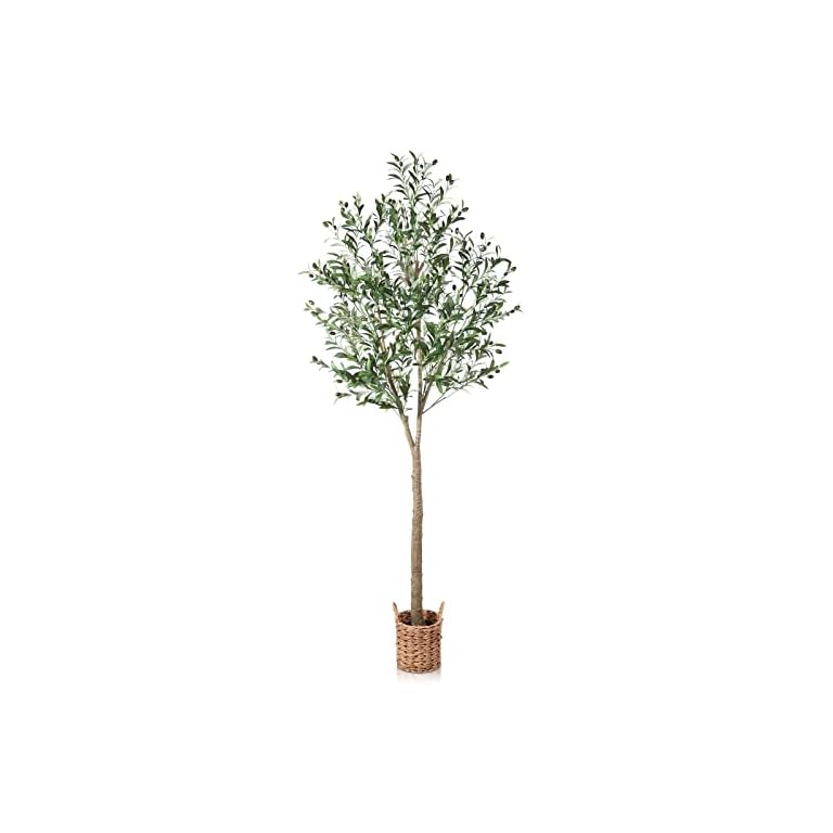 Artificial Olive Tree 7ft Tall Fake Plant, Faux Olive Tree Topiary Silk Trees with Handmade Woven Basket Planter, Artificial Floor Plants for Home Office Living Room Indoor Decor(Set of 1)
