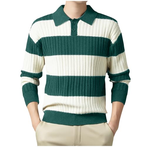 Men's Striped Knit Sweater Long Sleeve Pullover Collar Winter Casual Ribbed Thick Knitwear Top Classic Soft Outfit
